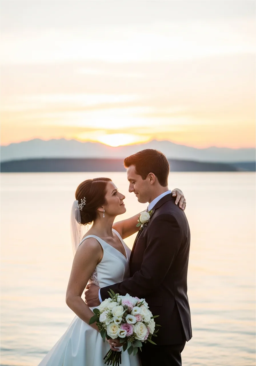 LGBTQ wedding photographer Seattle - same-sex couple at sunset celebration in the Pacific Northwest